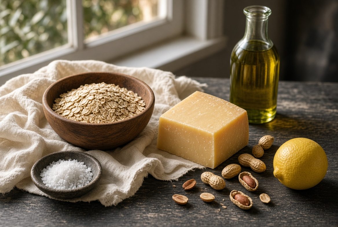 Oats, cheddar, salt, oil, lemon, and peanuts in window light
